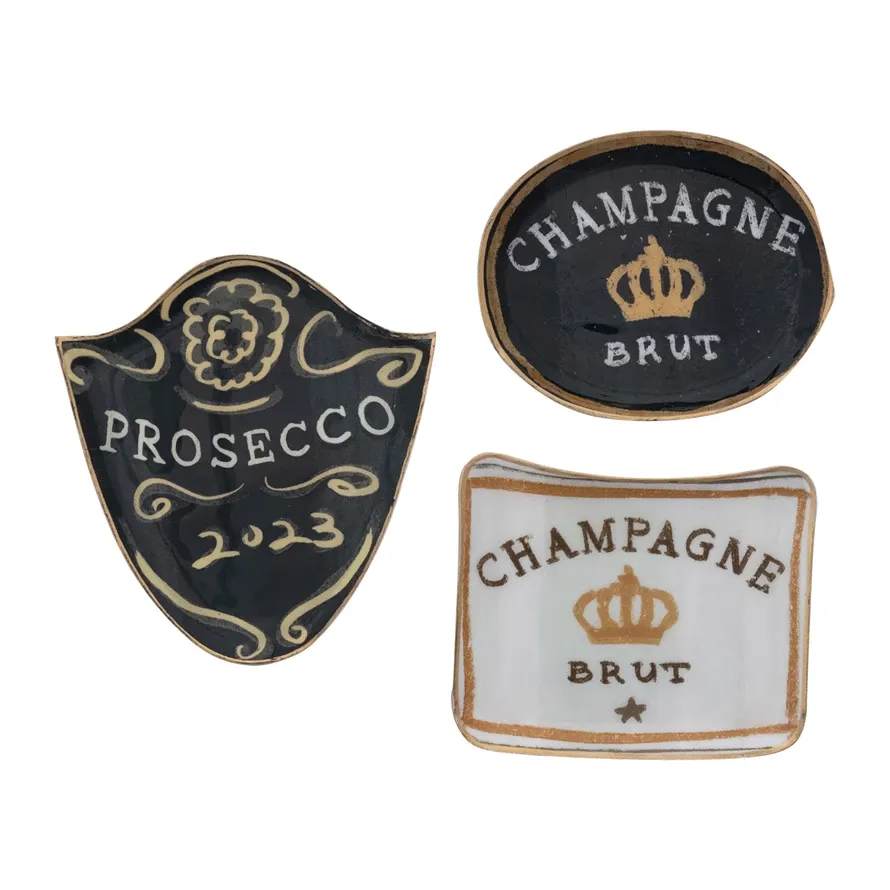 Emameled Metal Tray With Gold Rim Champagne Brut Black