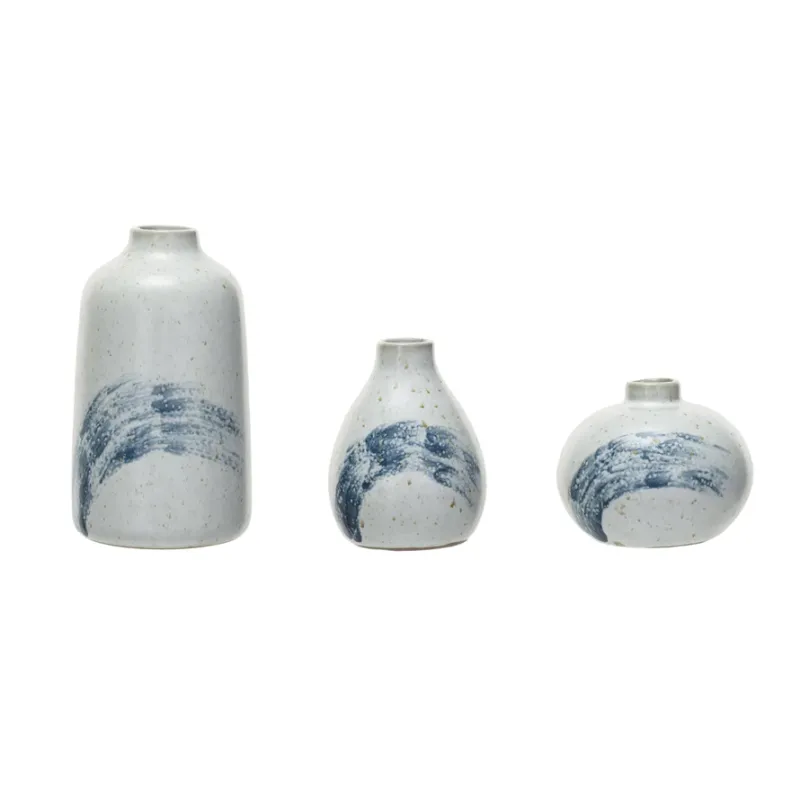 Stoneware Vase Cream And Blue Small