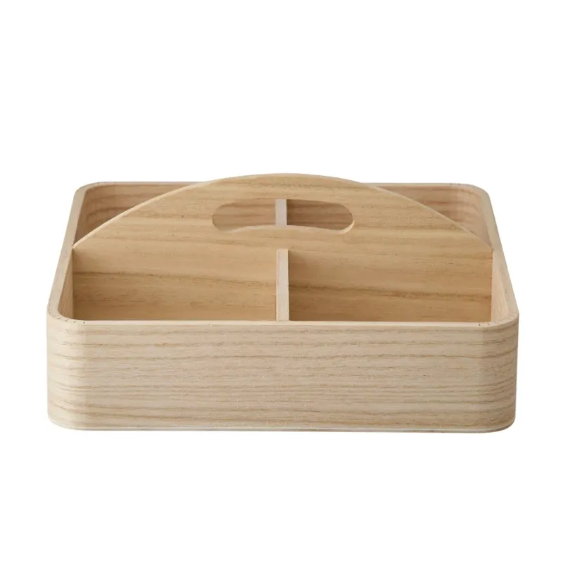 Paulownia Wood Container With Handle &amp; 4 Sections