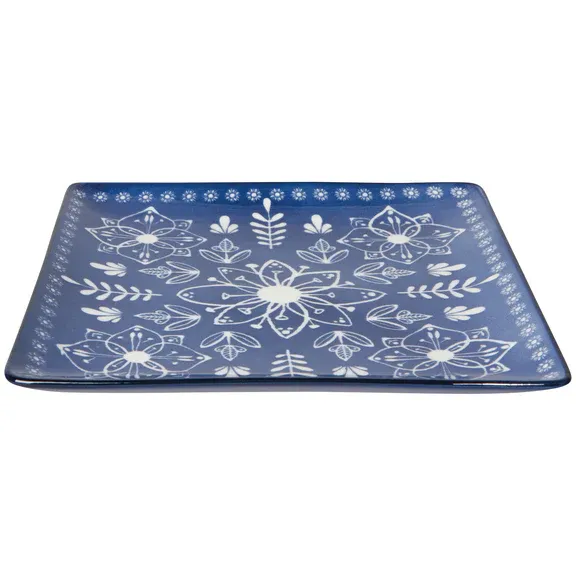 Square Plate With Stamped Blue And White Floral Design 8&quot;