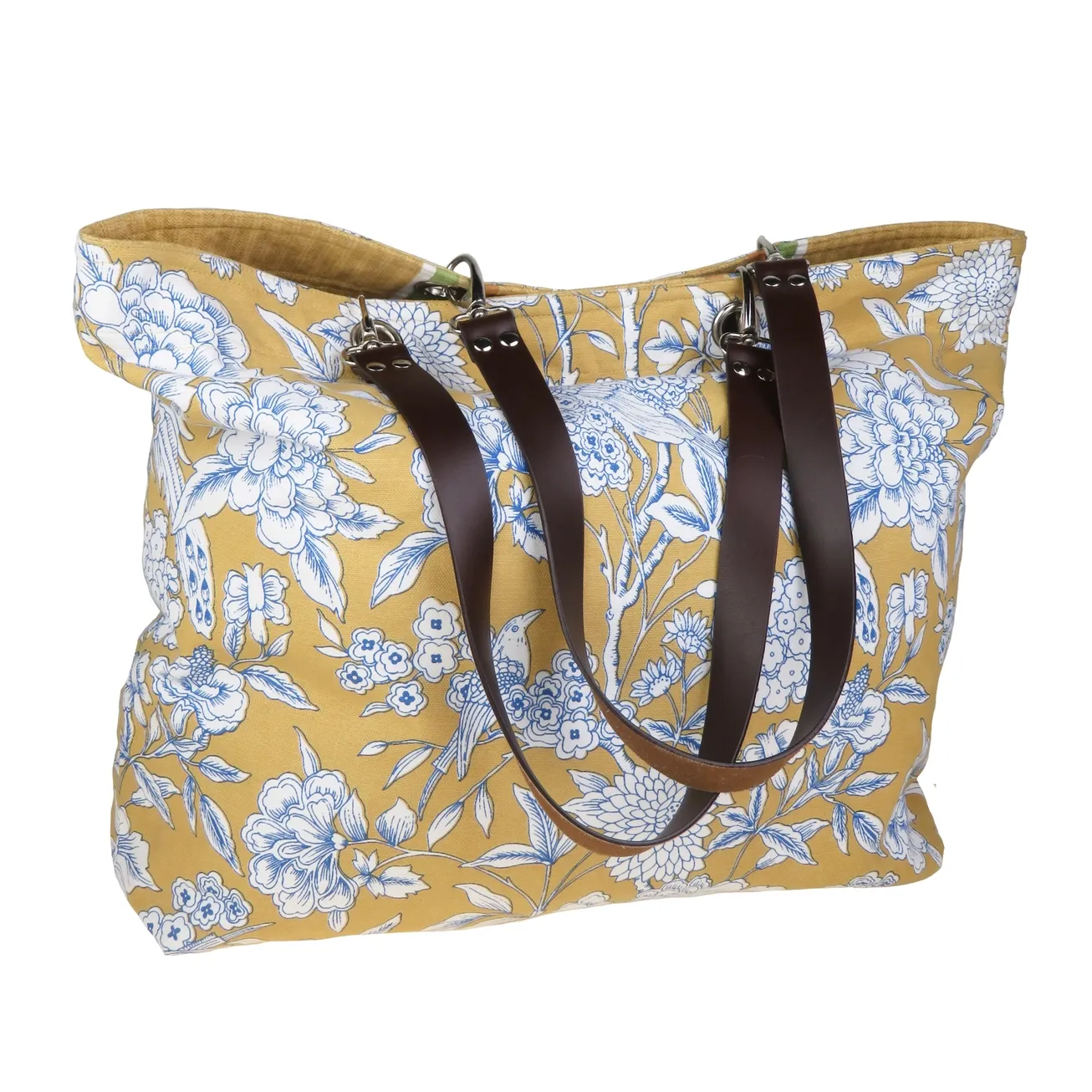 Heritage Reversible Cotton Bag With Bird Pattern Yellow 55 x 45 x 12