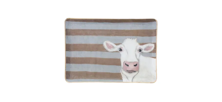 Enameled Metal Tray With Cow 13&quot; L x 9&quot; W