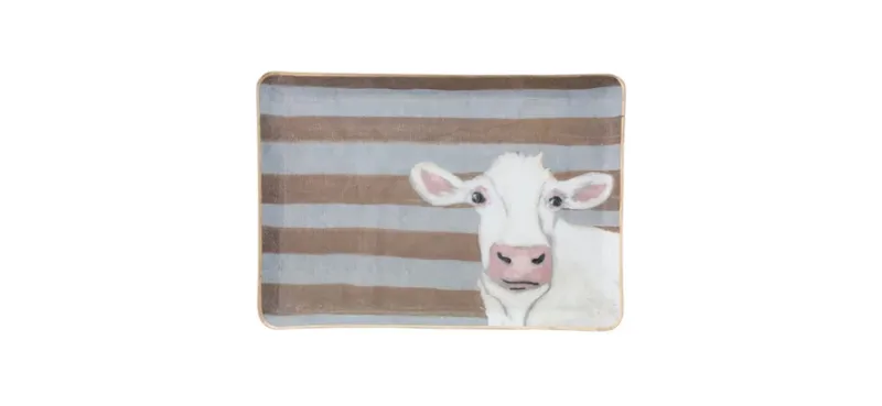 Enameled Metal Tray With Cow 13&quot; L x 9&quot; W