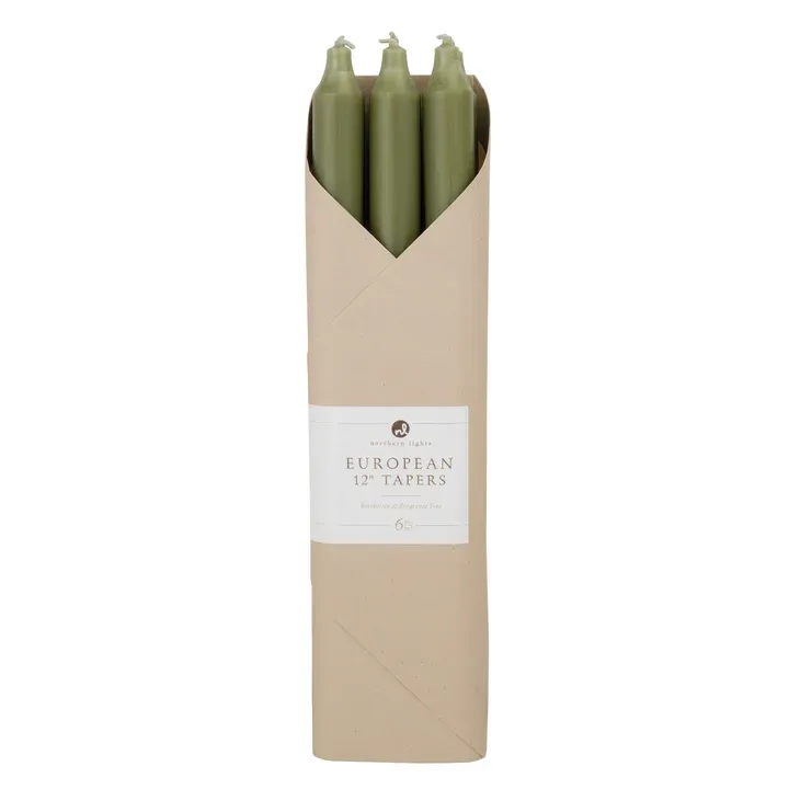 Pack Of 6 12&quot; European Taper Smokeless &amp; Fregrance Free Candles Moss Green