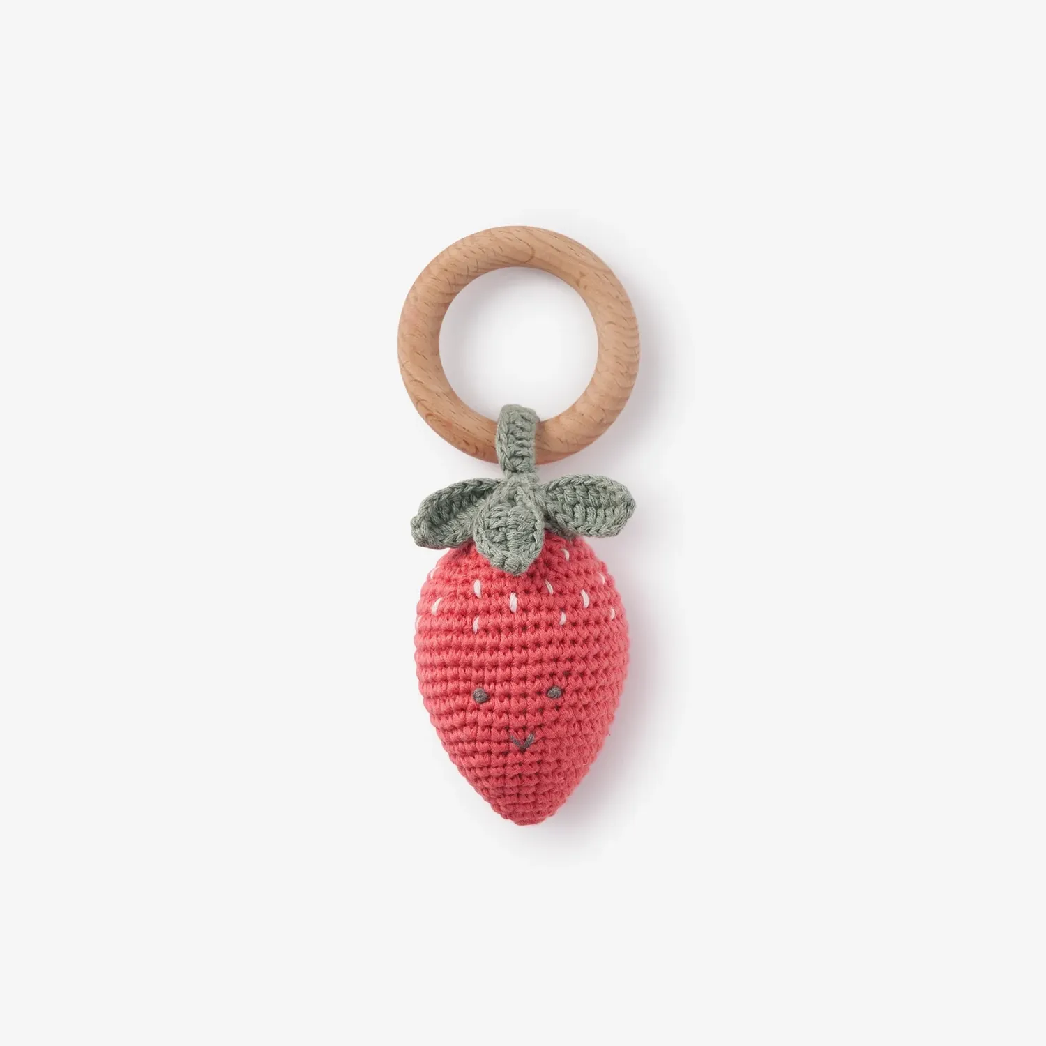 Hand Crochet Strawberry Wood Ring Rattle