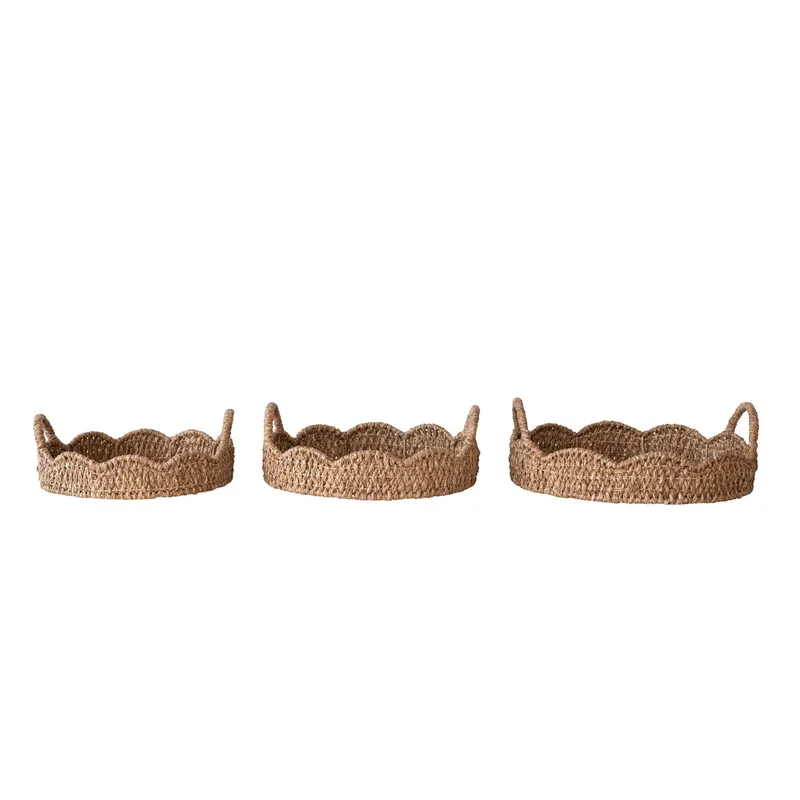 Round Braided Rattan Tray With Scalloped Edges And Handles Large