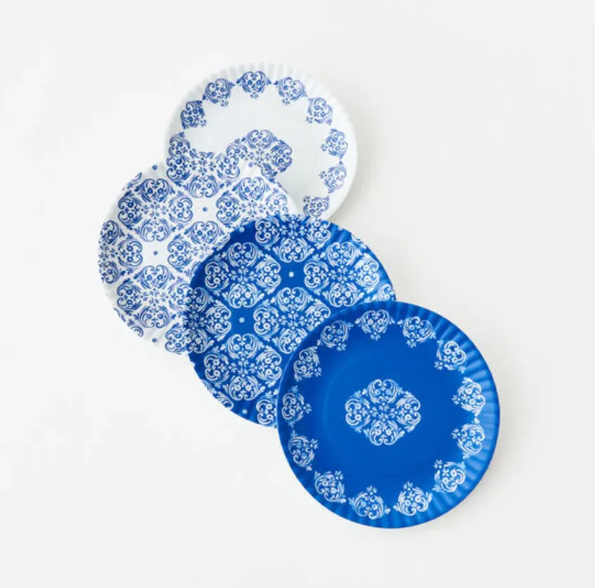 Set Of 4 Blue &amp; White Paper Melamine Plates 9&quot;