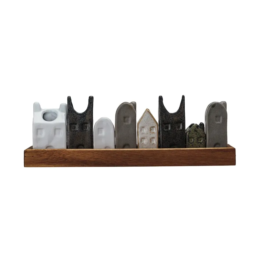 Wood Tray Set With 8 House Shaped Vases 11-1/2 X 4