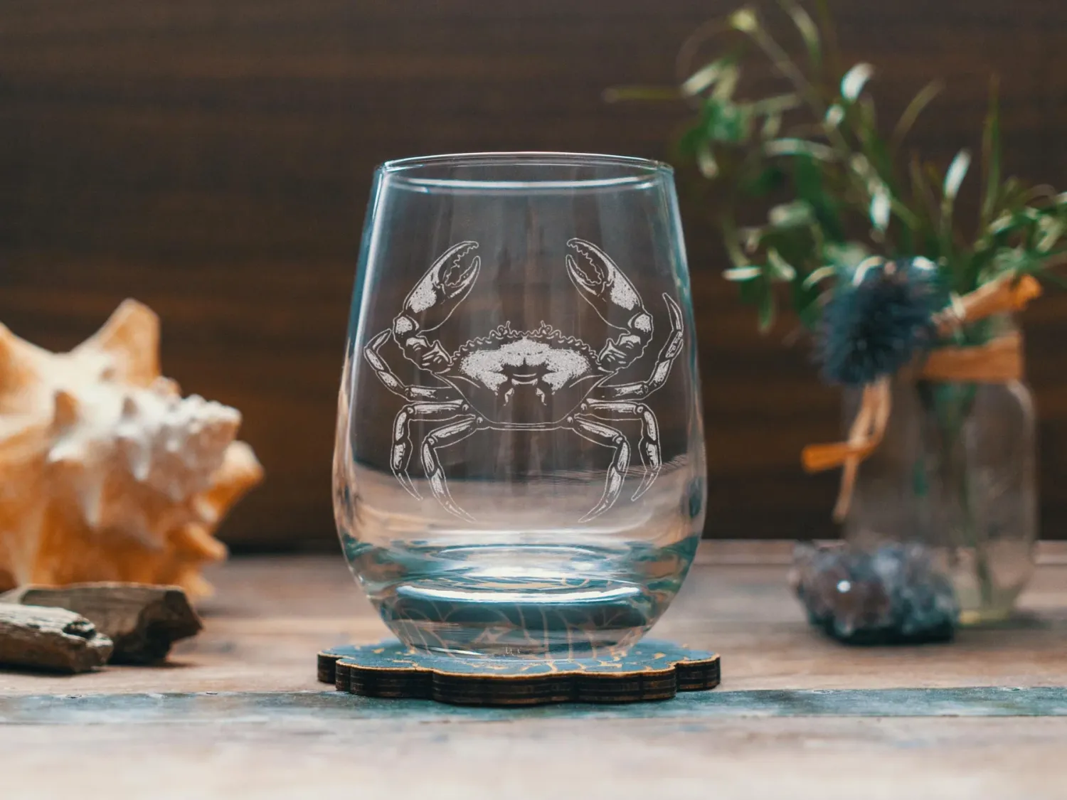 Blue Crab Stemless Wine Drinking Glass 15oz