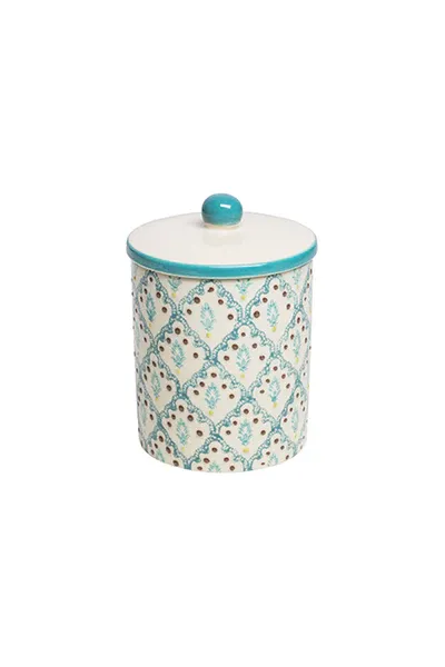 Hand Stamped Ceramic Storage Tin Oriental Blue &amp; Brown