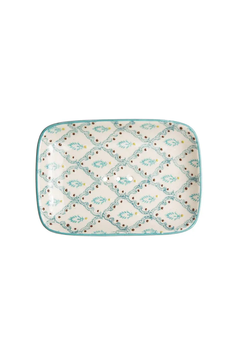 Hand Stamped Soap Dish Oriental Blue &amp; Brown