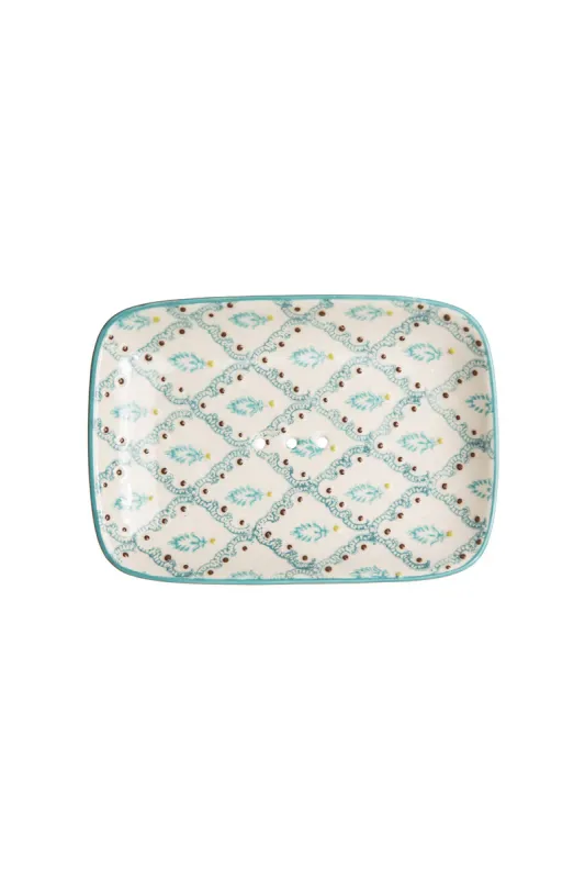 Hand Stamped Soap Dish Oriental Blue &amp; Brown