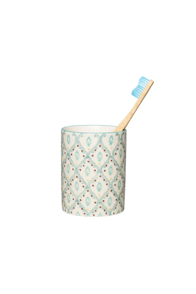 Hand Stamped Toothbrush Holder Oriental Blue &amp; Brown