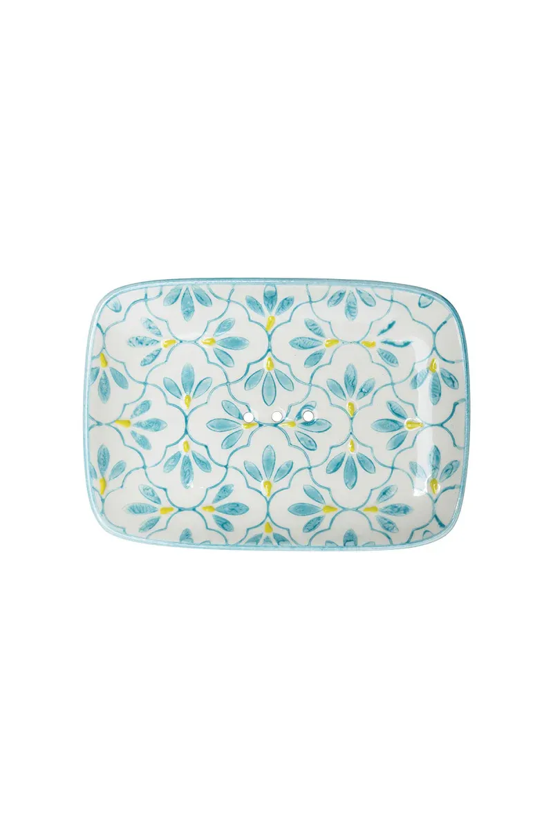 Hand Stamped Soap Dish Floral Blue &amp; Green
