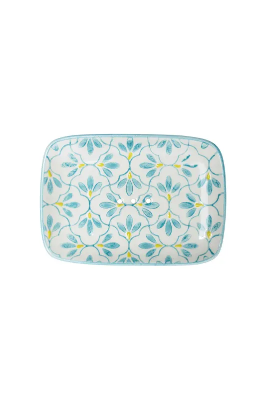 Hand Stamped Soap Dish Floral Blue &amp; Green