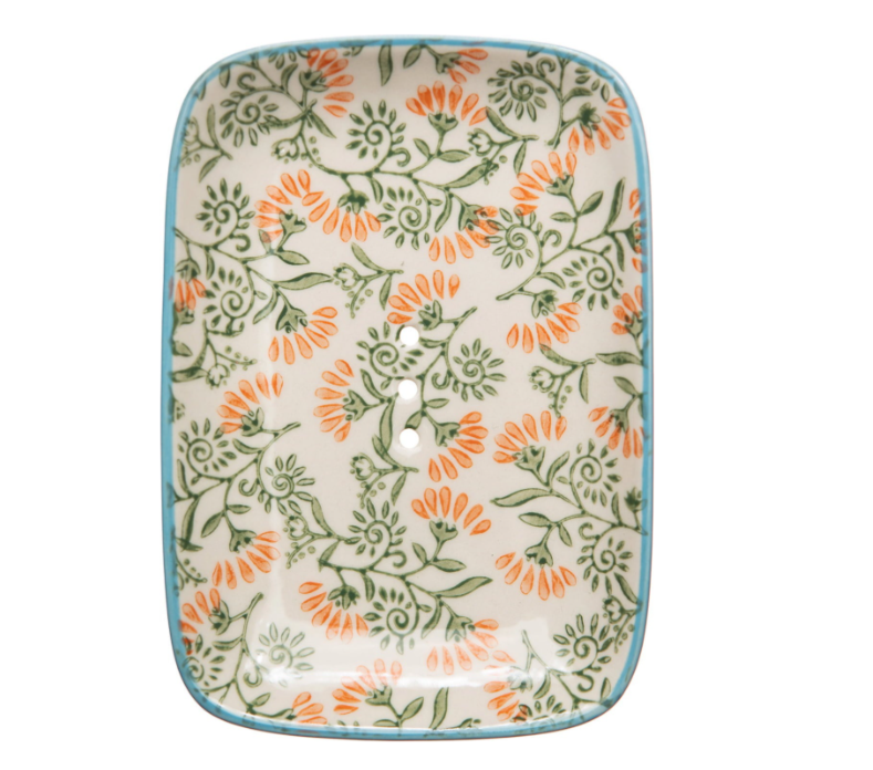 Hand Stamped Soap Dish Floral Green &amp; Orange