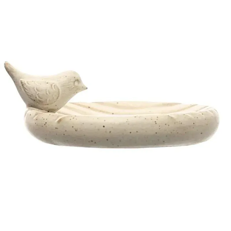 Stoneware Trinket Soap Dish With Bird On Rim And Reactive Cream Glaze