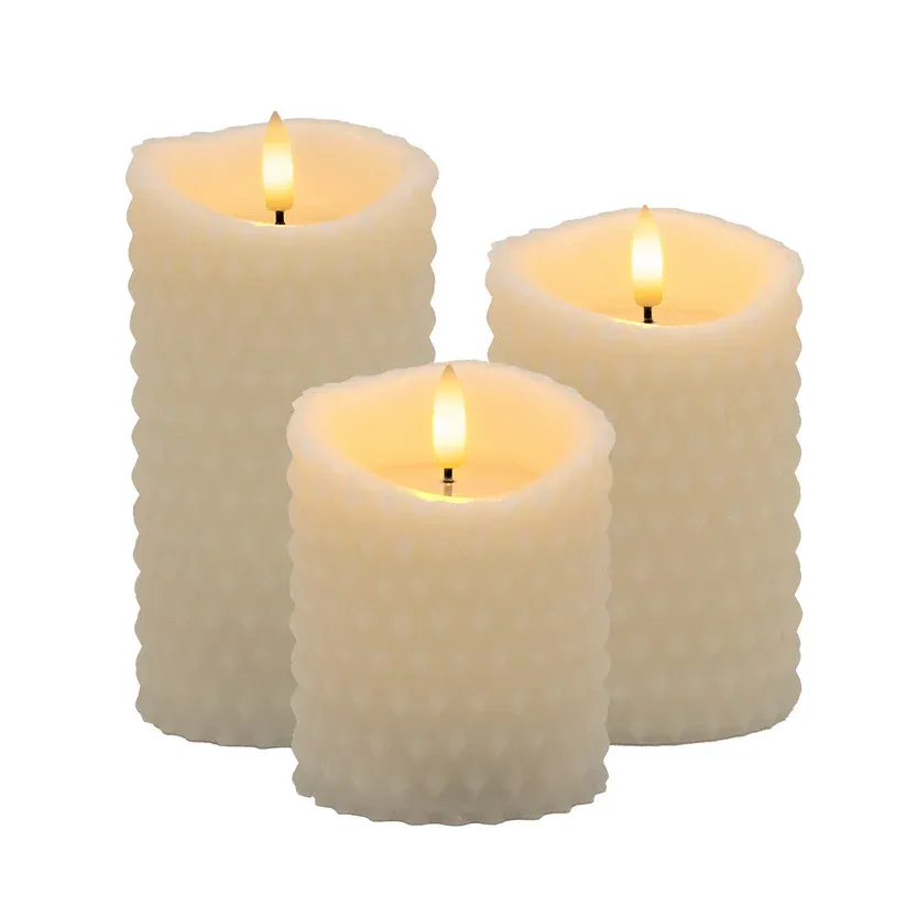 Set Of 3 Textured Battery Operated Candles Ivory