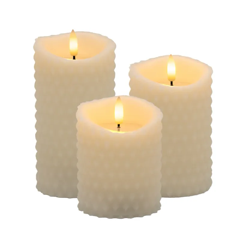 Set Of 3 Textured Battery Operated Candles Ivory
