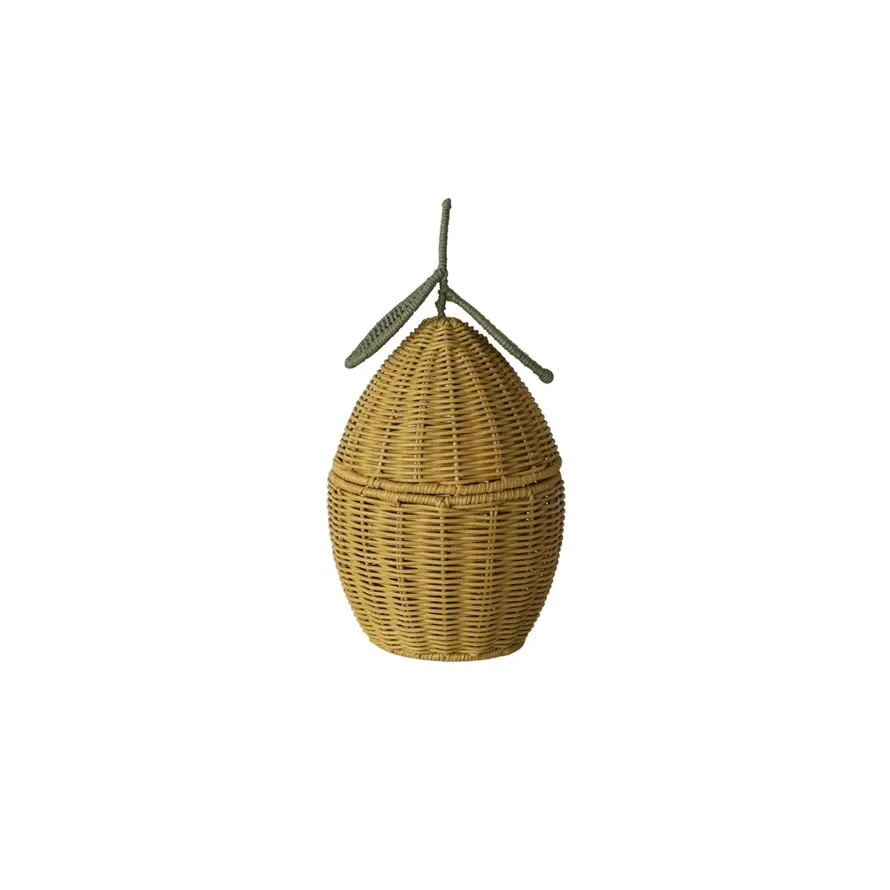 Rattan Lemon Shaped Basket With Lid In Yellow 6&quot; x 10-1/4&quot;