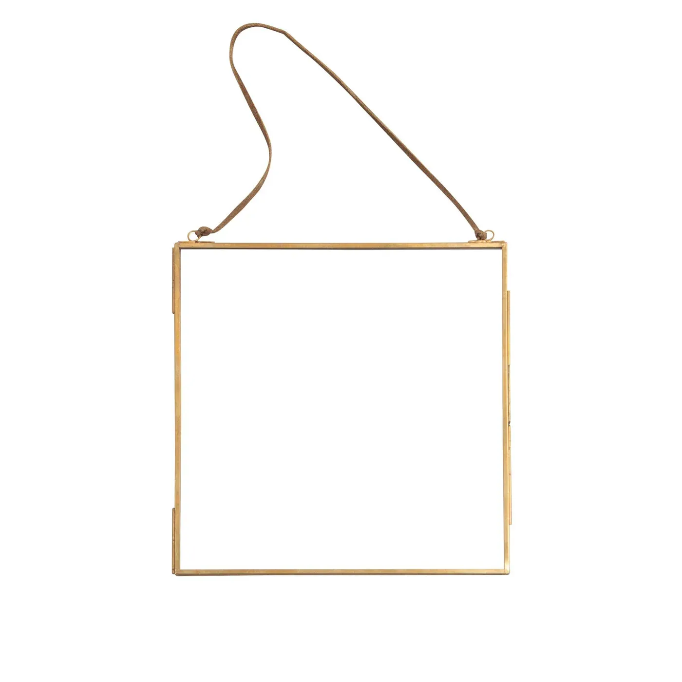 Glass &amp; Brass Metal Wall Hanging Picture Frame With Brown Suede Handle 15&quot; x 15&quot;
