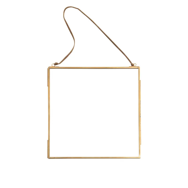 Glass &amp; Brass Metal Wall Hanging Picture Frame With Brown Suede Handle 15&quot; x 15&quot;