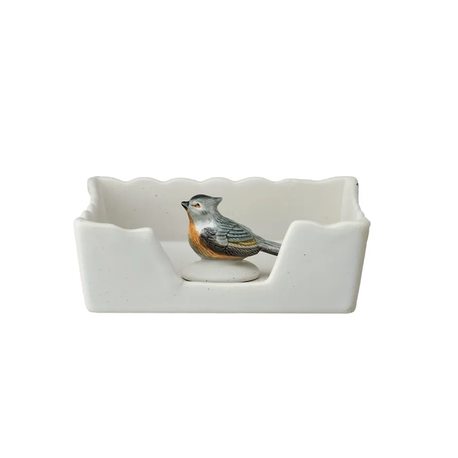 Set Stoneware Napkin Holder Cream With Blue Bird Weight