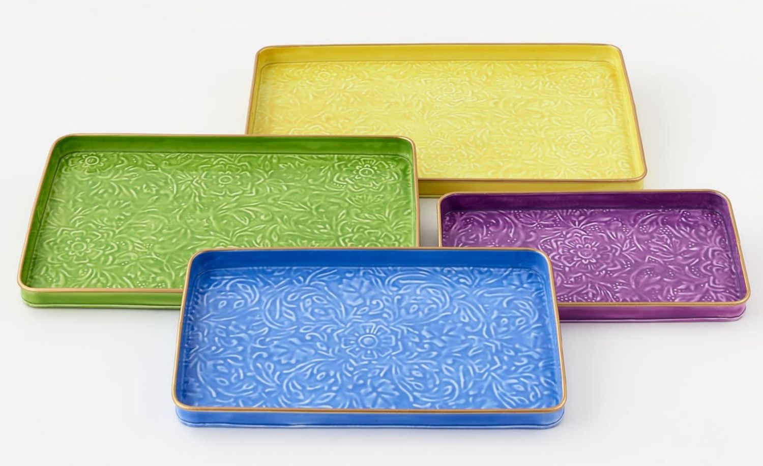 Enameled Embossed Rectangular Tray 20&quot; In Yellow