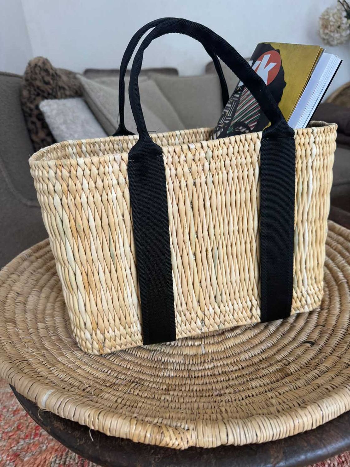 Handwoven Straw Basket With Black Strap Handles Small