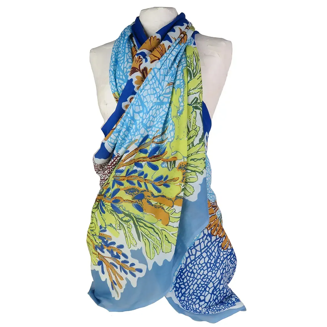 Handprinted Cotton Scarf Sofia Coral Pattern Navy 90x200cm