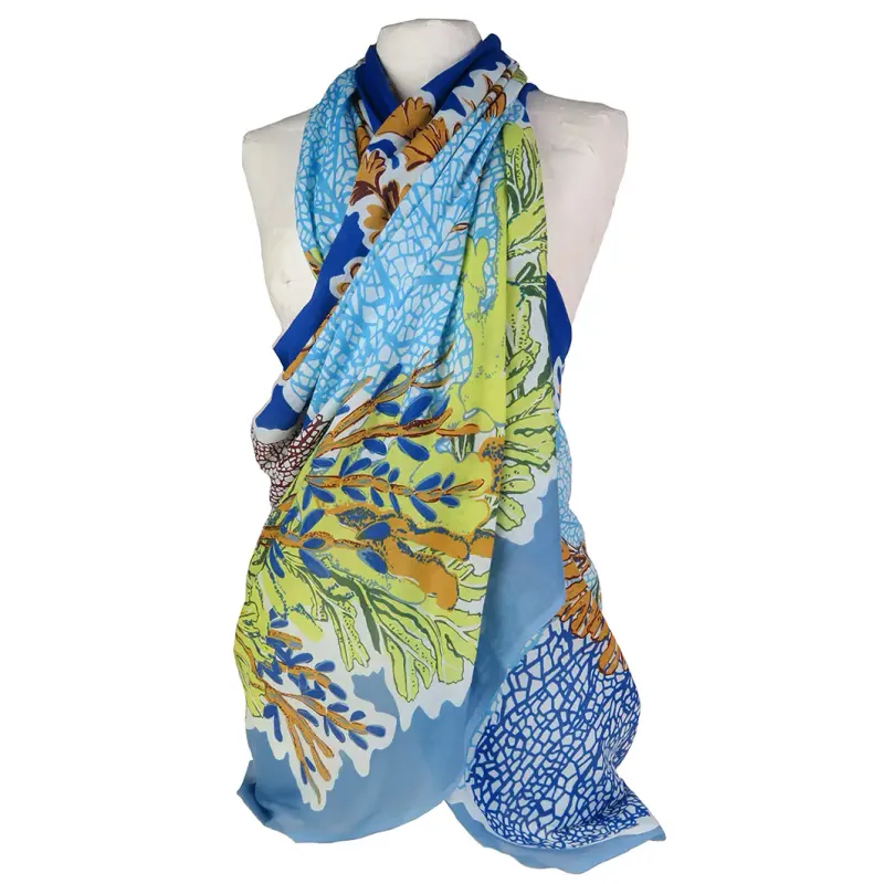 Handprinted Cotton Scarf Sofia Coral Pattern Navy 90x200cm