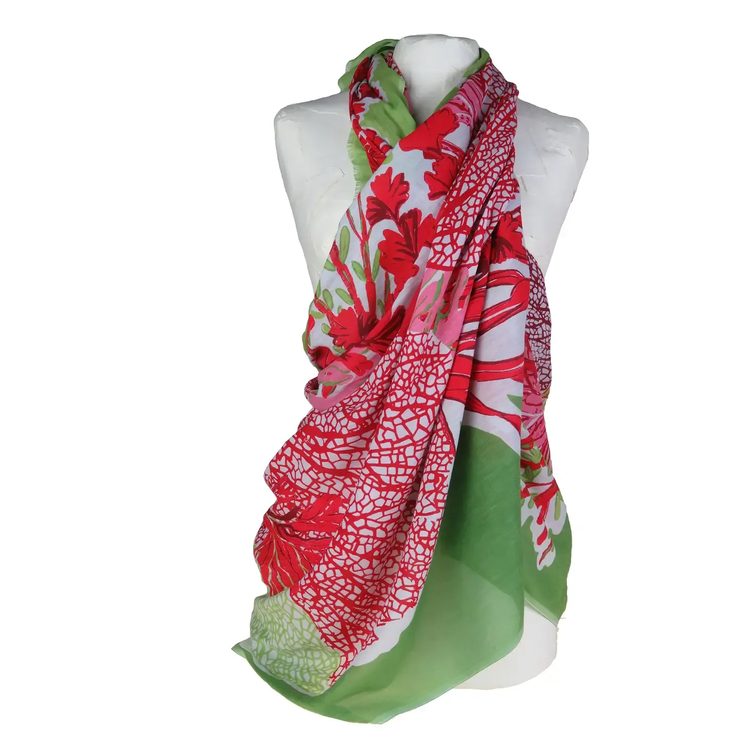 Handprinted Cotton Scarf Sofia Coral Pattern Framboise 90x200cm