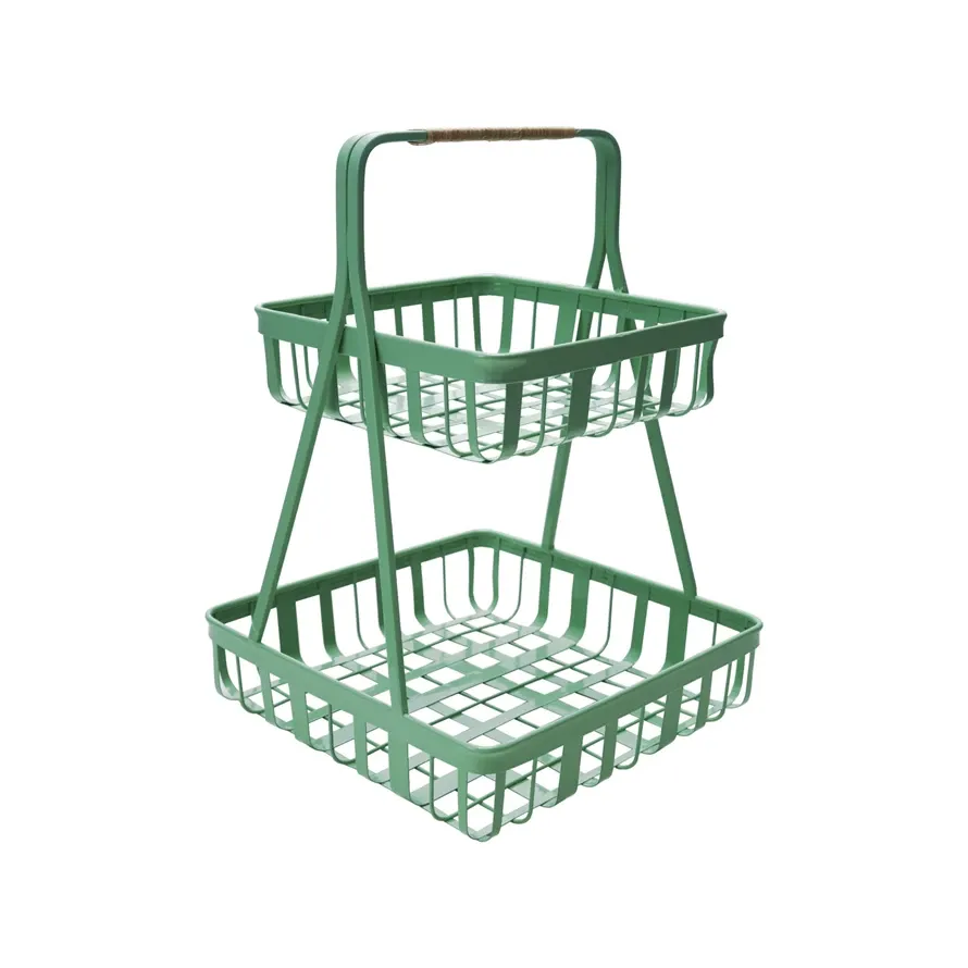 Metal Square 2-Tier 14&quot; Stand With Rattan Wrapped Handle Green