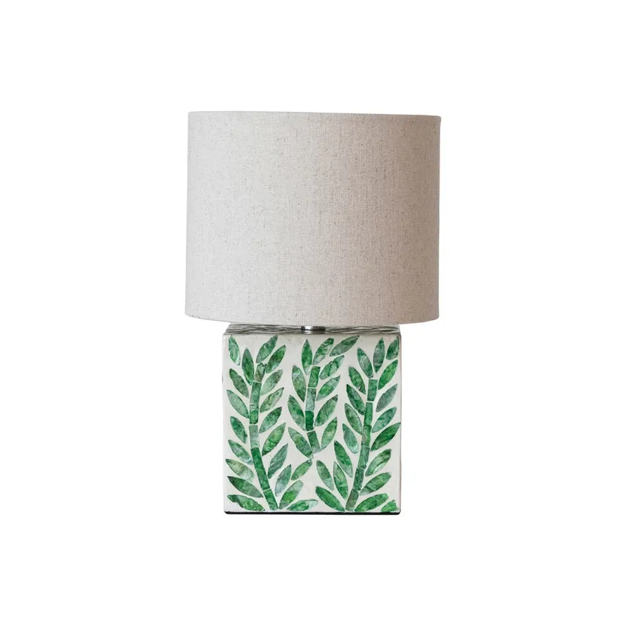 Mother Of Pearl &amp; Botanical Pattern Table Lamp With Linen Shade