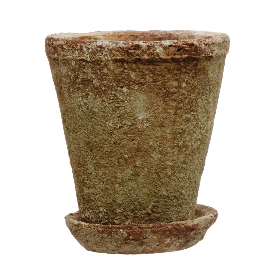 Round 5-1/4&quot; Distressed Terracotta Cement Planter With Saucer