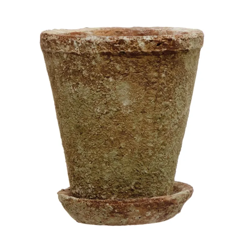 Round 5-1/4&quot; Distressed Terracotta Cement Planter With Saucer