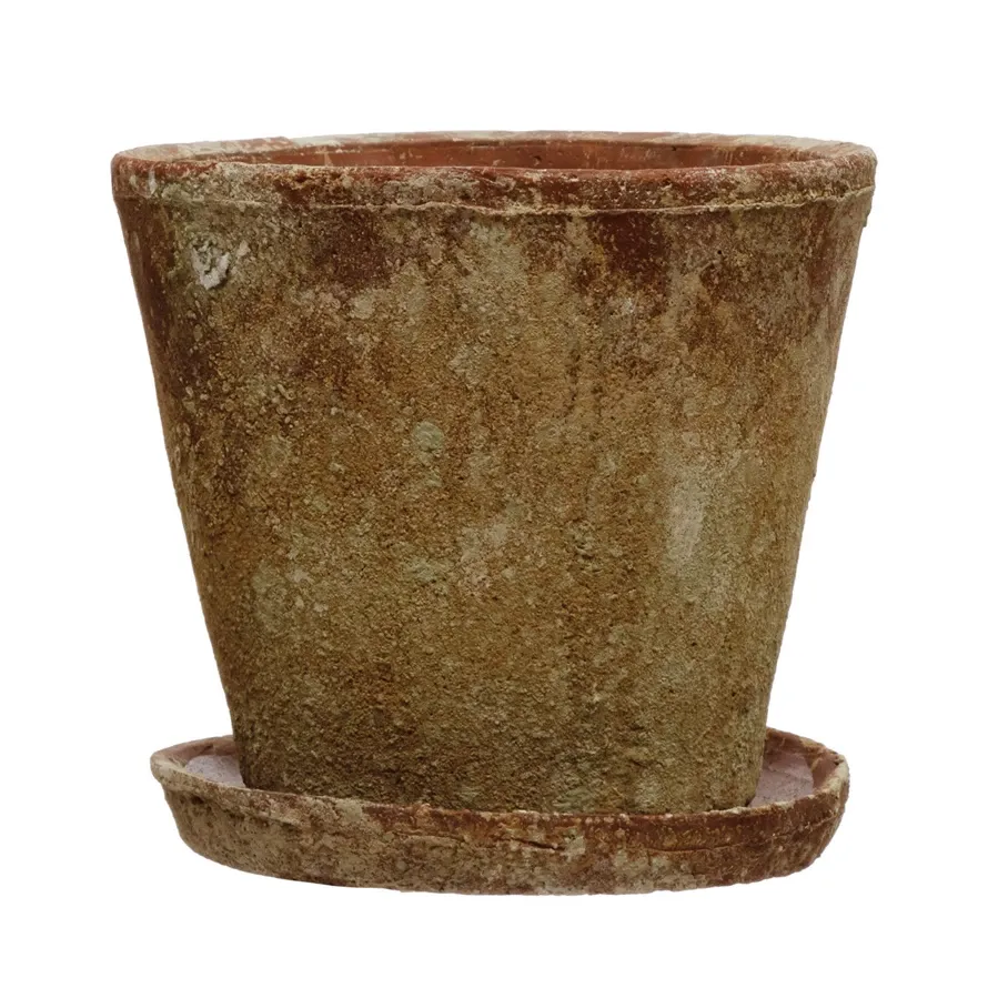 Round 9-1/2&quot; Distressed Terracotta Cement Planter With Saucer