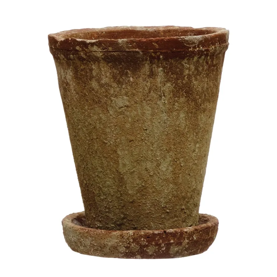 Round 7&quot; Distressed Terracotta Cement Planter With Saucer
