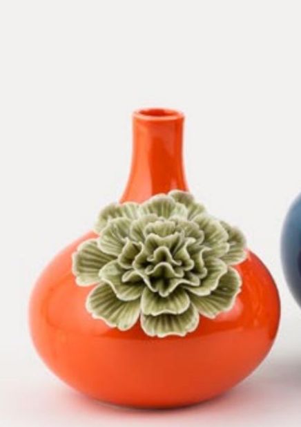 Porcelain Vase Orange With Green Flower 6.5&quot;