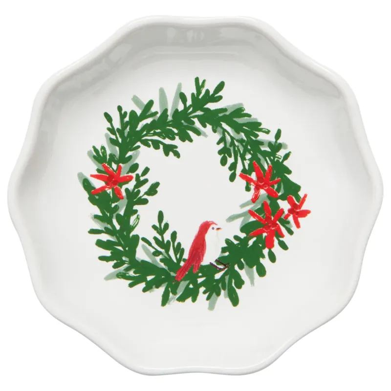 Pinch Bowl Wreath With Red Bird White