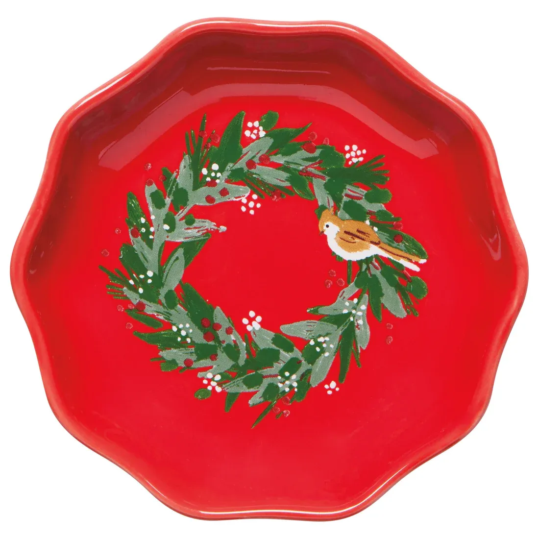 Pinch Bowl Wreath With Brown Bird Red
