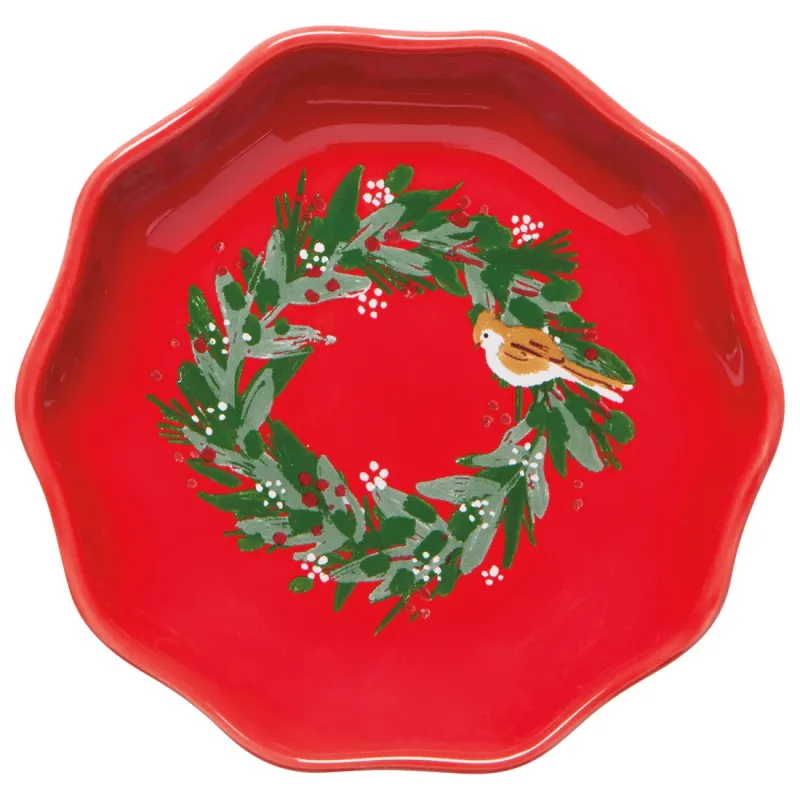 Pinch Bowl Wreath With Brown Bird Red