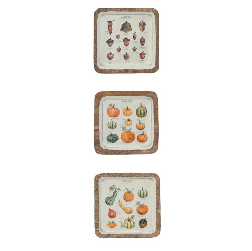 Square Enameled Mango Wood Tray With Squash 6x6