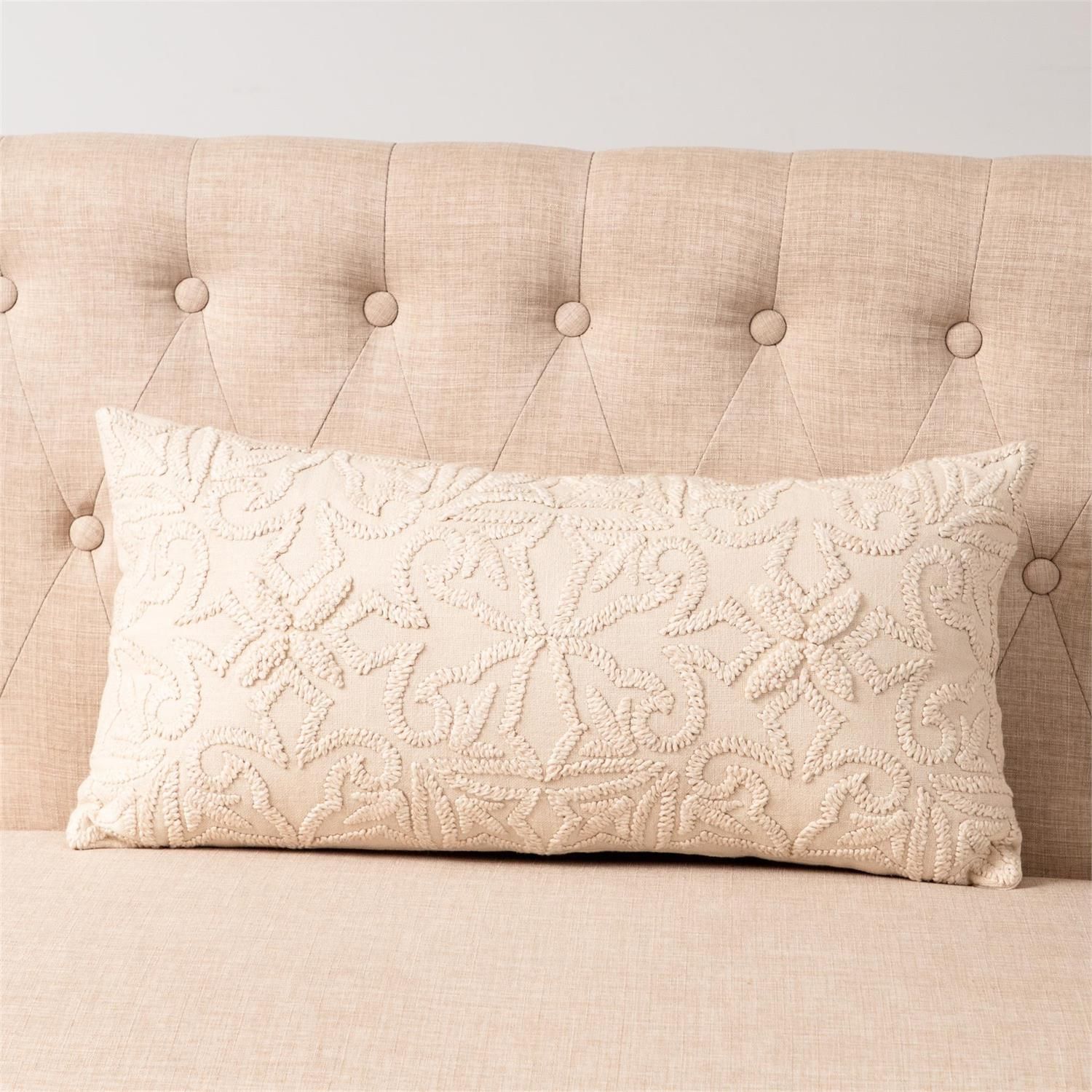 Lumbar Pillow White Embroidery 12&quot; H x 24&quot; W