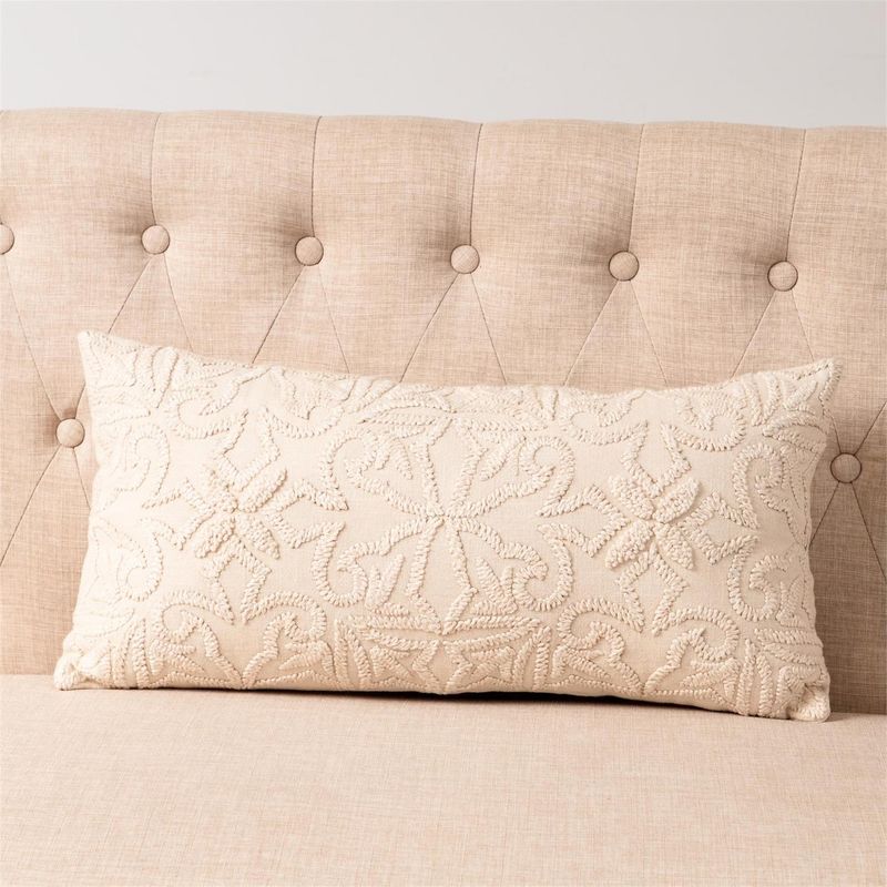 Lumbar Pillow White Embroidery 12&quot; H x 24&quot; W