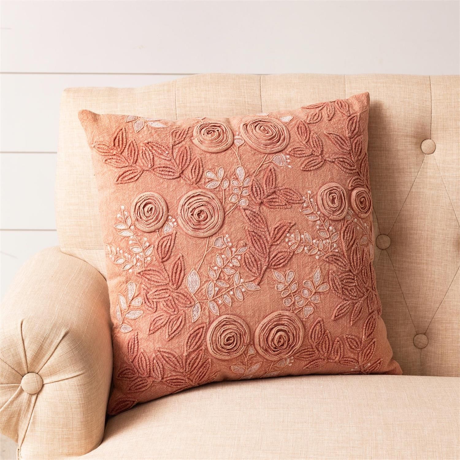 Pillow Rose Embroidered Stone Wash 18&quot; x 18&quot;