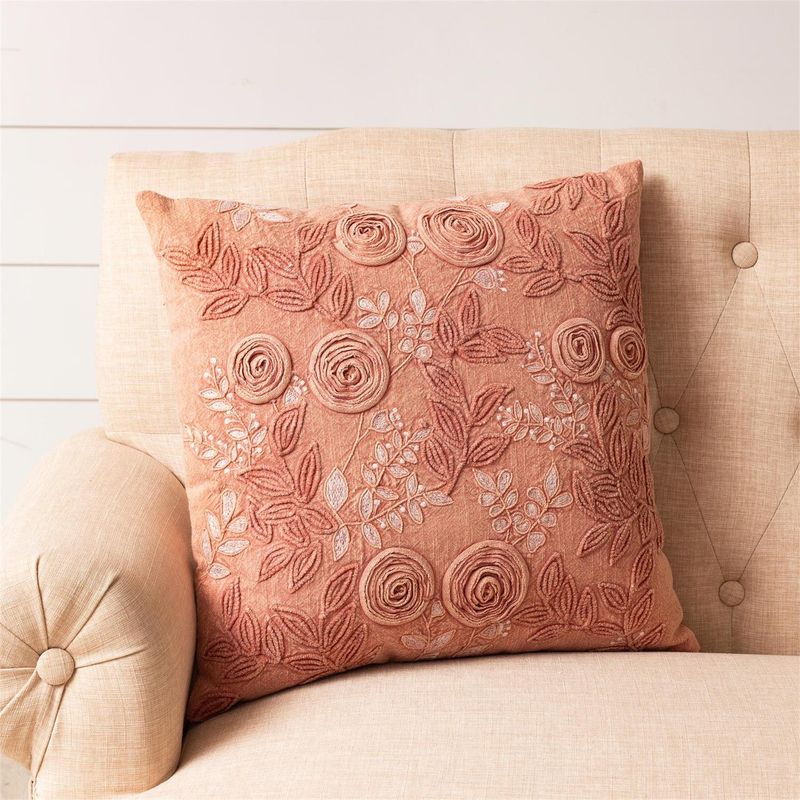 Pillow Rose Embroidered Stone Wash 18&quot; x 18&quot;