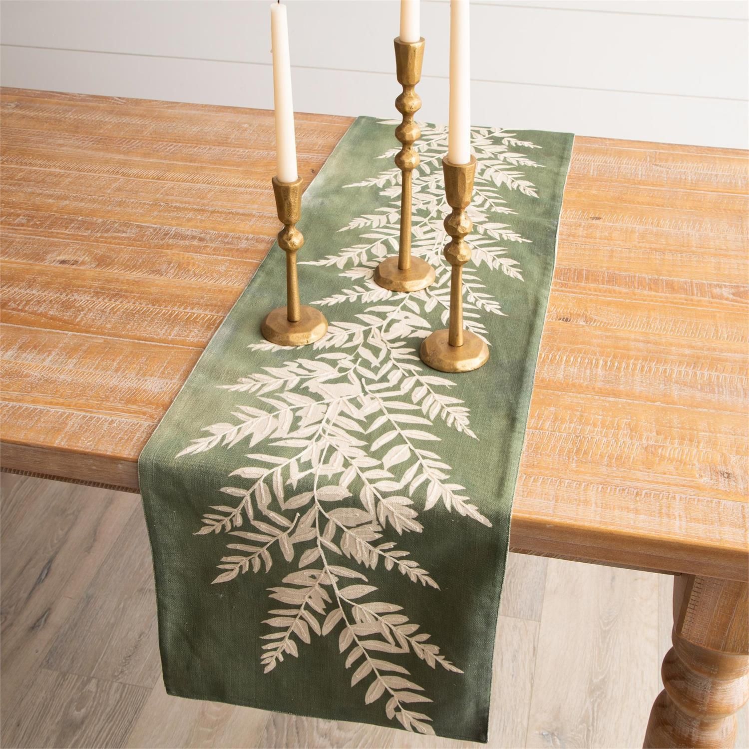 Table Runner Embroidered Leafy Green 72&quot; L x 14&quot; W