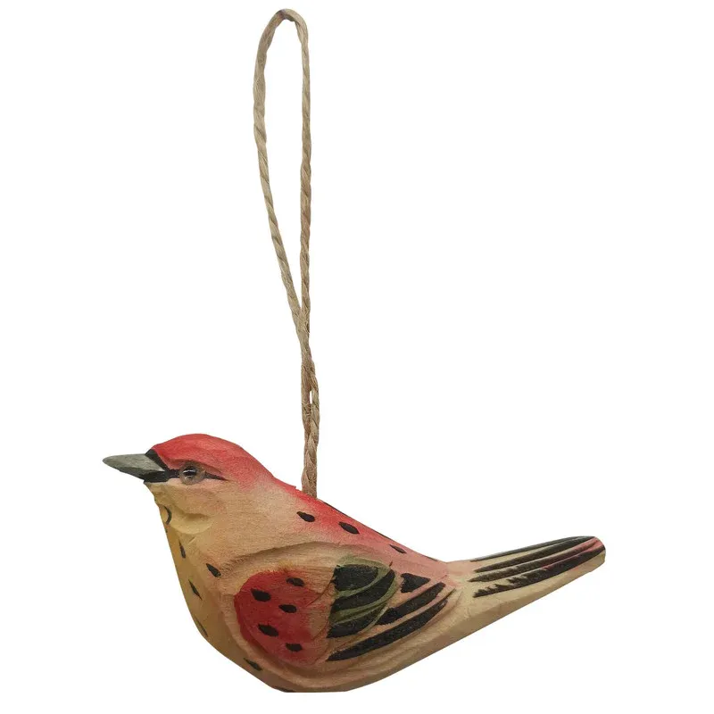 Carved Wooden Bird Ornament Red &amp; Green Bird
