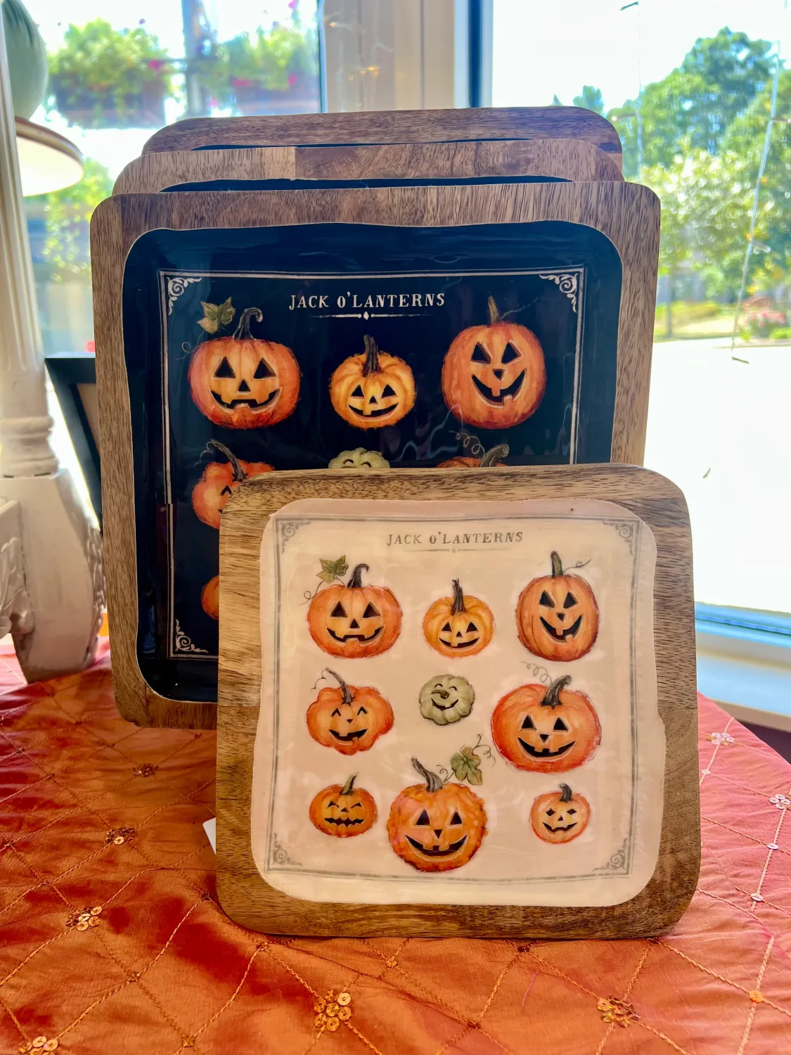 Square Enameled Mango Wood Tray With Jack O Lanterns 10x10